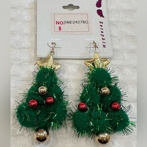 NWT Seraphim CHRISTMAS TREE Dangle Hook Earrings~Fuzzy Balls~Tinsel & Red/Gold